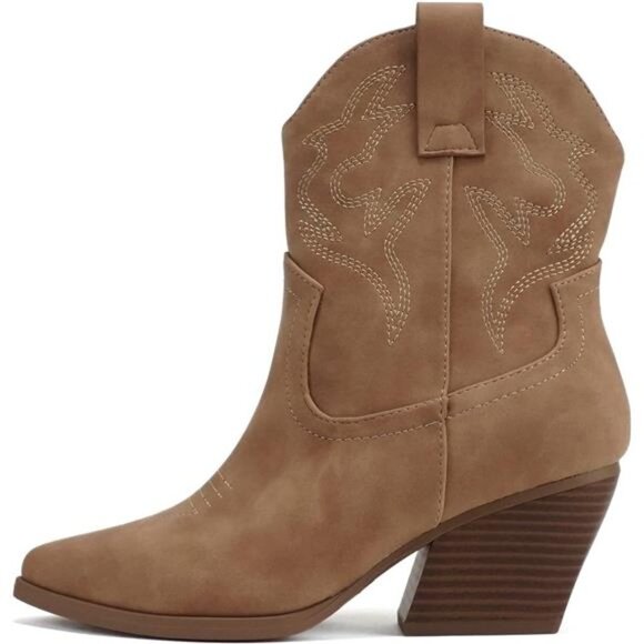 Shoes - Women's Western Stitched Pointe Toe Low Heel Ankle Shaft Bootie